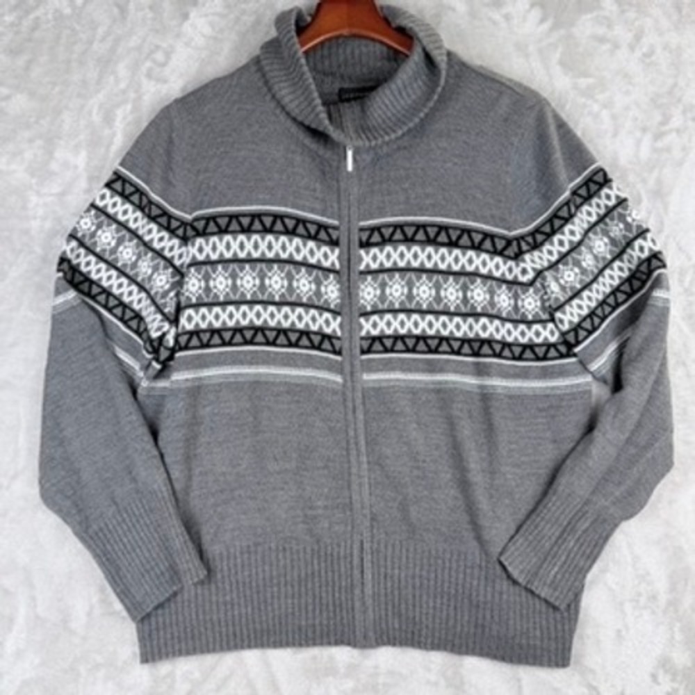 Josephine Chaus Gray Fair Isle Full Zip Mock Neck Sweater Women's XL‎